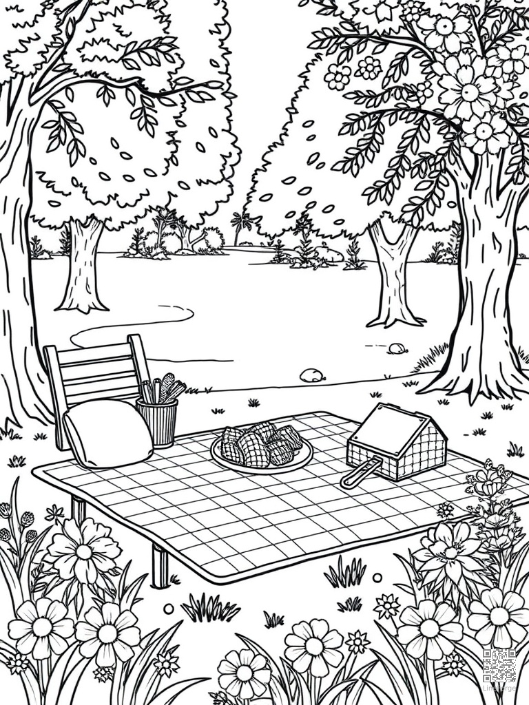 Picnic in park with checkered blanket and flowers coloring page Contour style - free printable