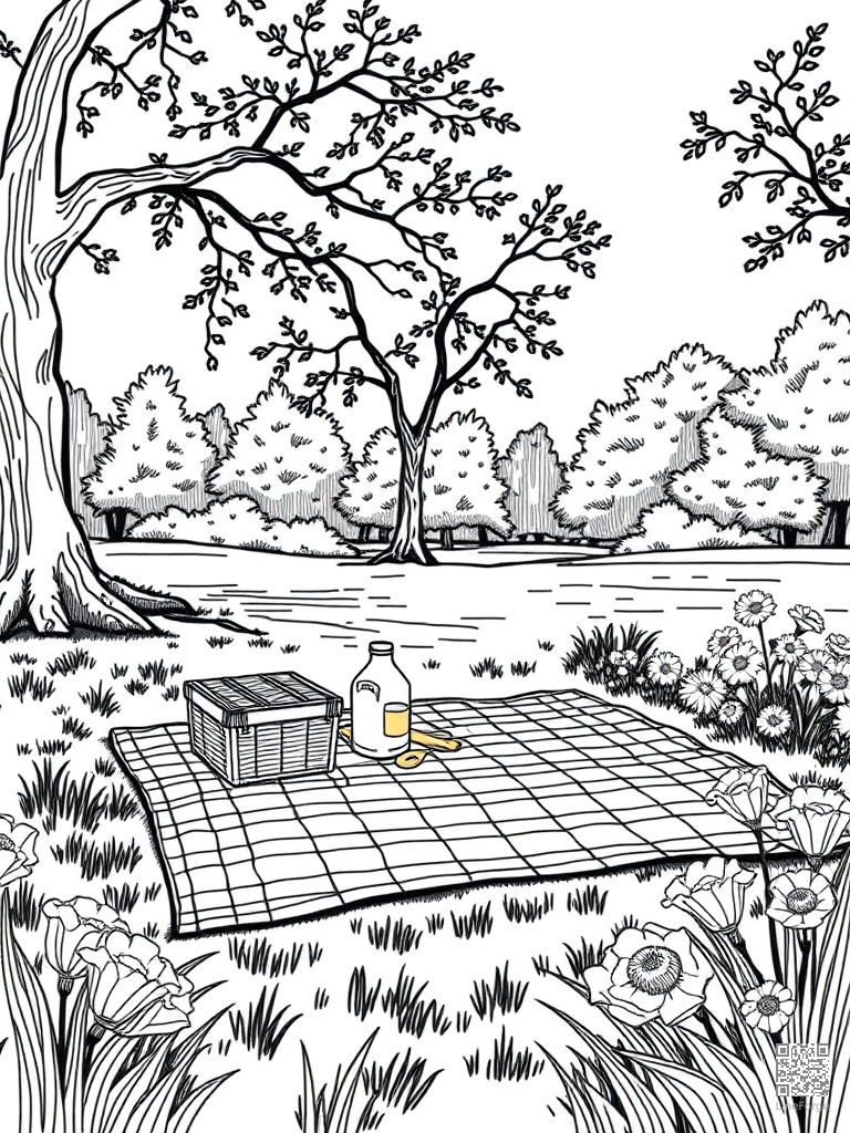 Picnic in park with checkered blanket and flowers coloring page Crosshatch style - free printable