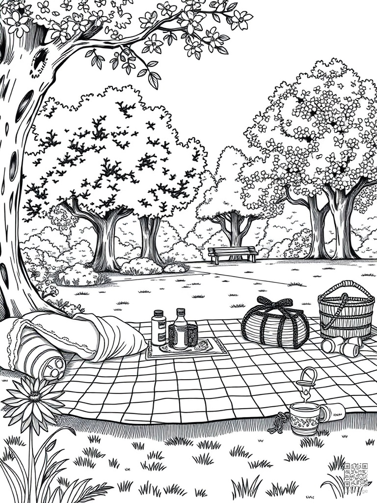 Picnic in park with checkered blanket and flowers coloring page Manga style - free printable