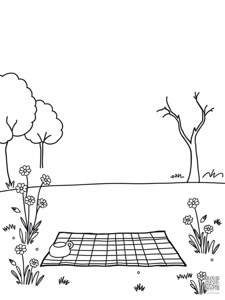 Picnic in park with checkered blanket and flowers coloring page Minimal style - free printable