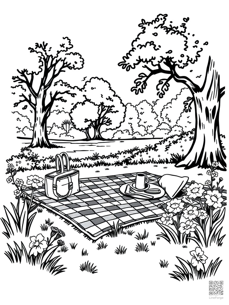 Picnic in park with checkered blanket and flowers coloring page Woodcut style - free printable