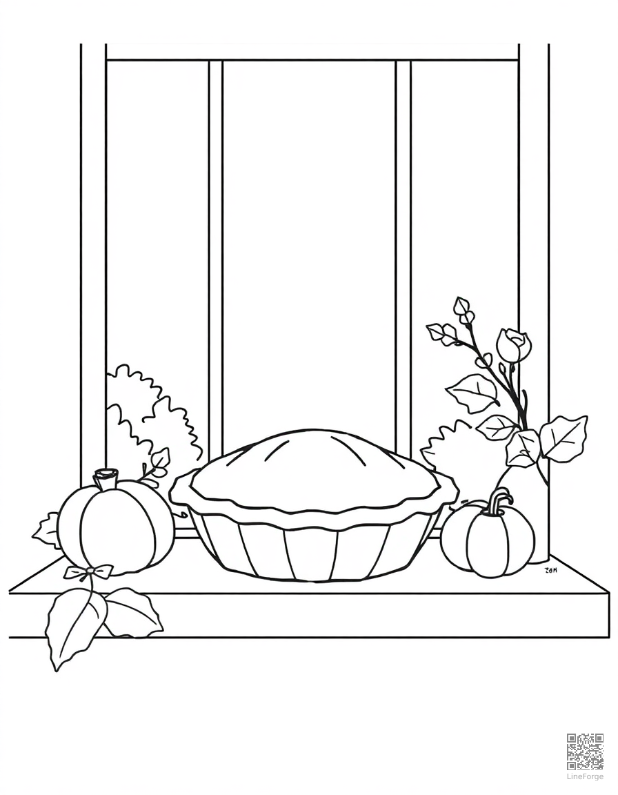 Free pie cooling on a windowsill in fall coloring page in contour style — printable line art