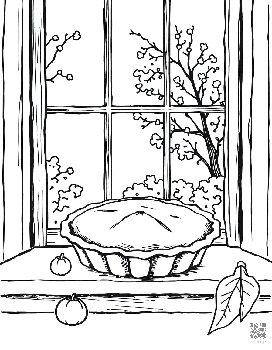Free pie cooling on a windowsill in fall coloring page in crosshatch style — printable line art