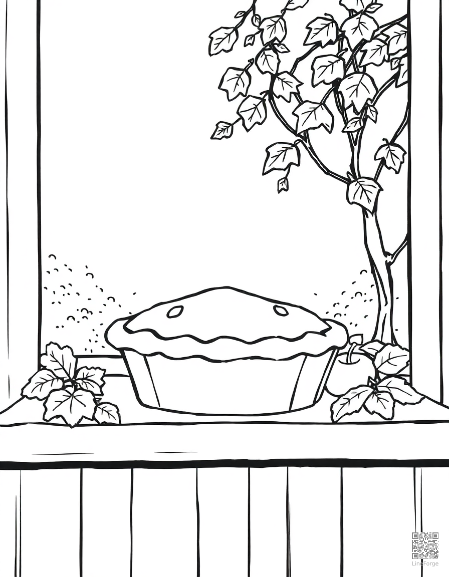 Free pie cooling on a windowsill in fall coloring page in manga style — printable line art