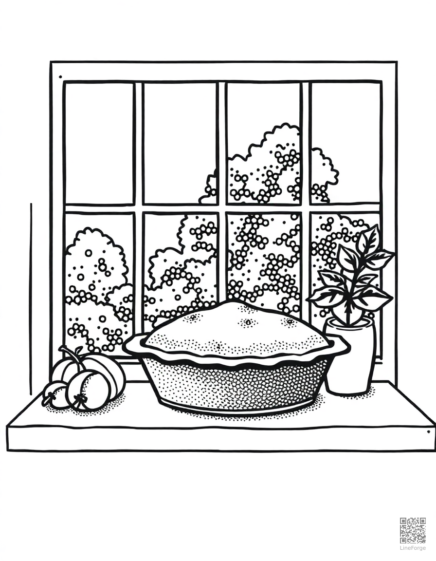 pie cooling on a windowsill in fall coloring page Stipple style free printable