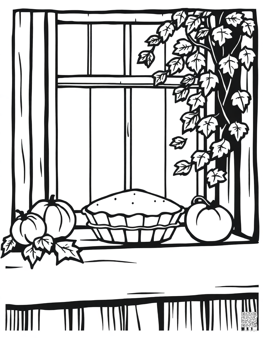 Free pie cooling on a windowsill in fall coloring page in woodcut style — printable line art