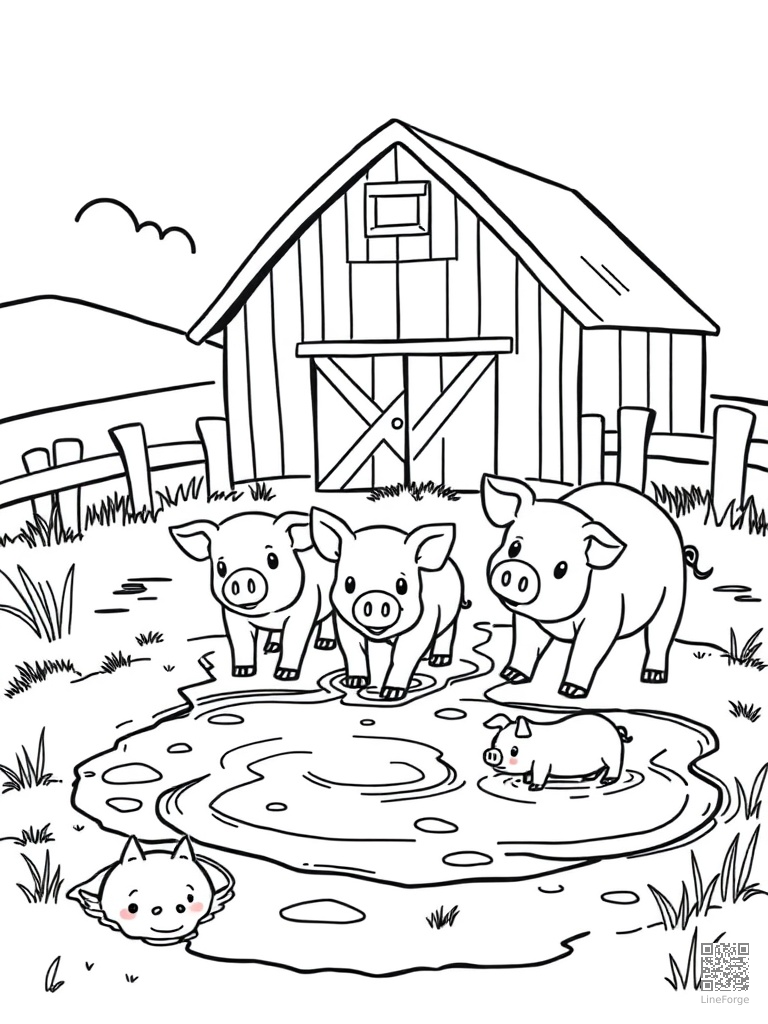 Pig family playing in mud puddles near a red barn coloring page Contour style free printable