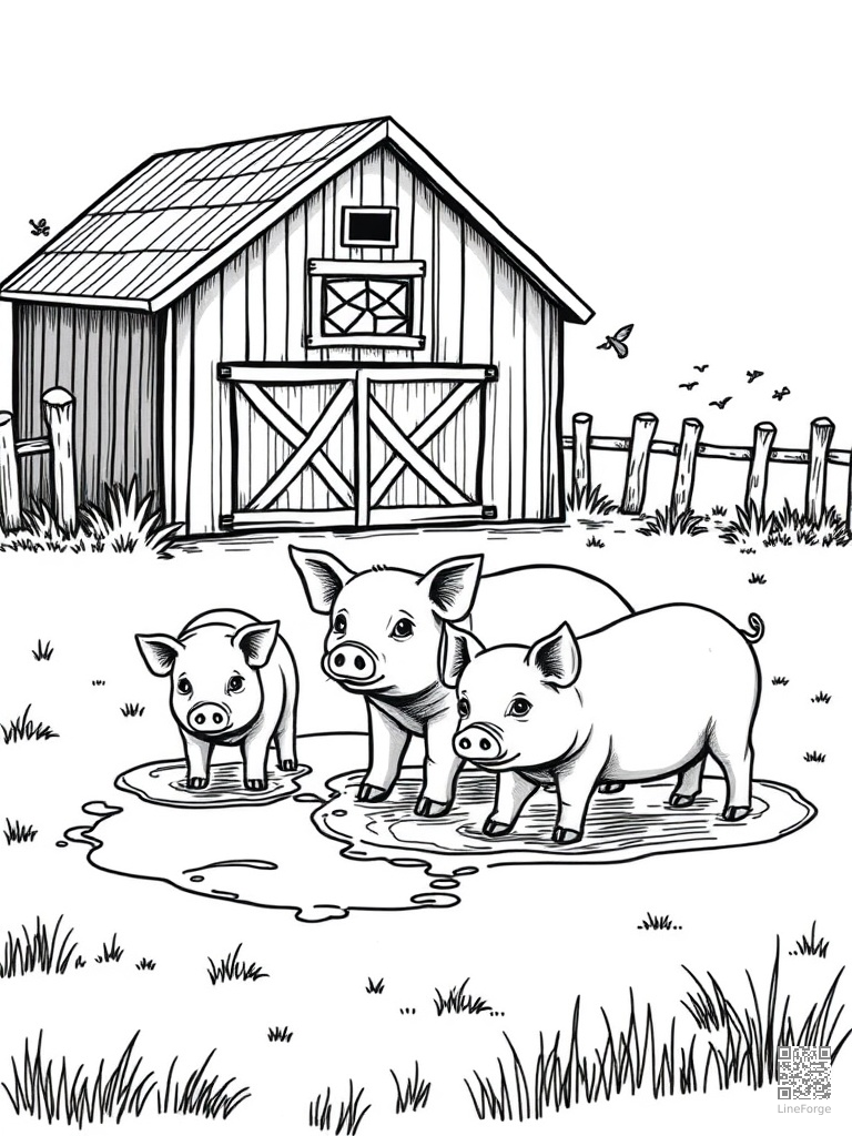 Free pig family playing in mud puddles near a red barn coloring page in crosshatch style — printable line art