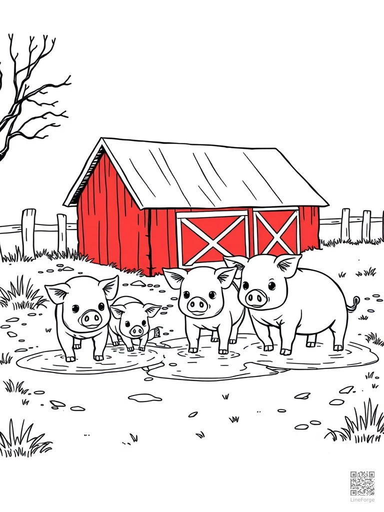 Free pig family playing in mud puddles near a red barn coloring page in manga style — printable line art