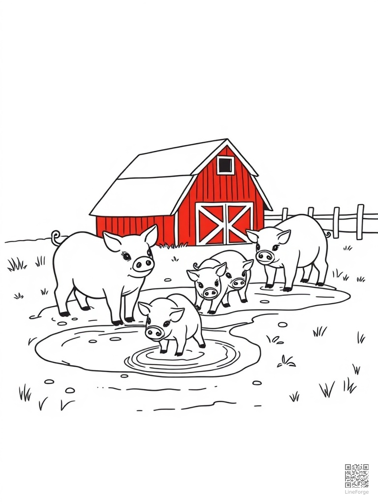 Free pig family playing in mud puddles near a red barn coloring page in minimal style — printable line art