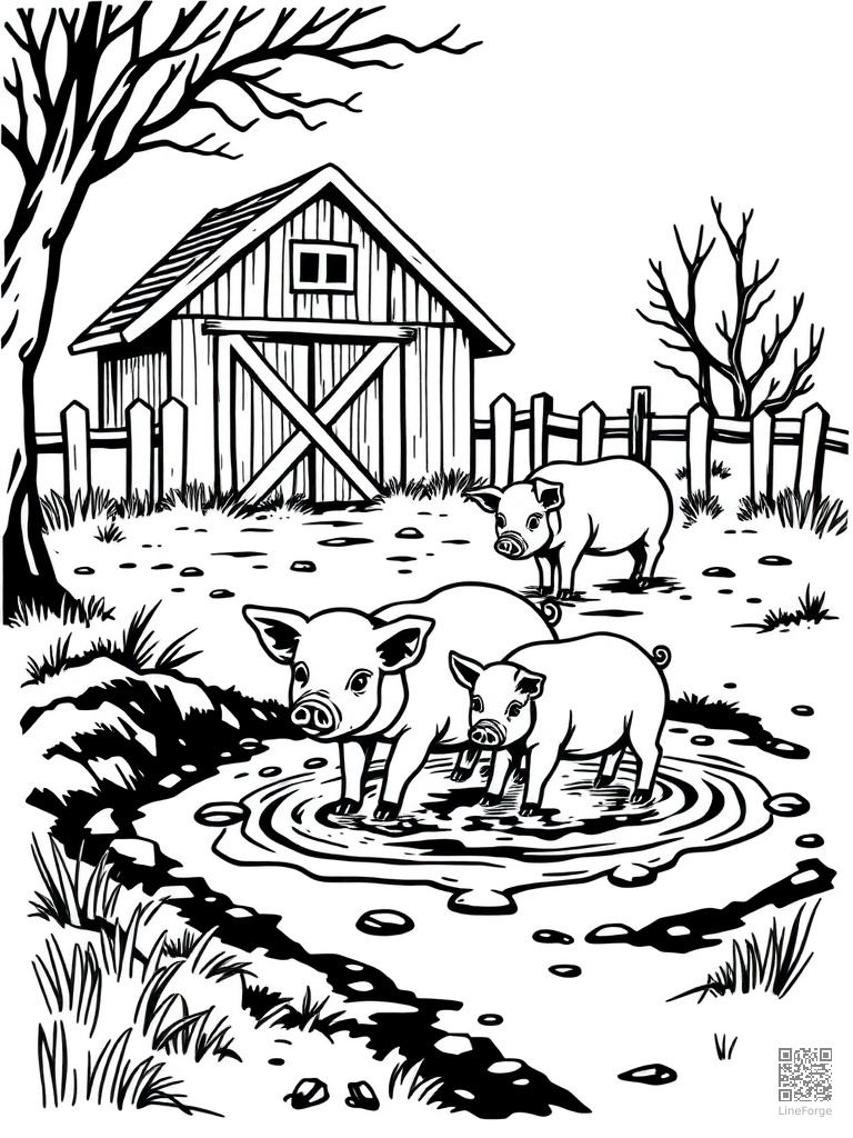 Free pig family playing in mud puddles near a red barn coloring page in woodcut style — printable line art