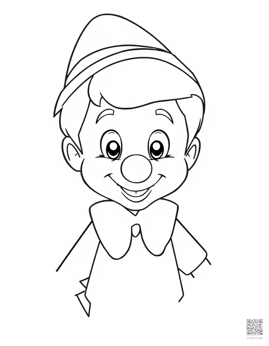 Free pinocchio with his growing nose coloring page in contour style — printable line art