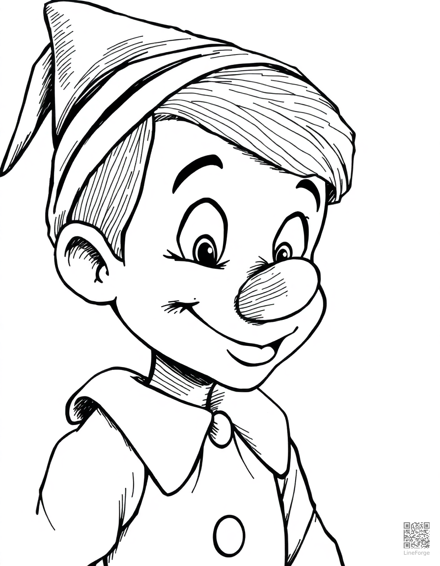 Free pinocchio with his growing nose coloring page in crosshatch style — printable line art