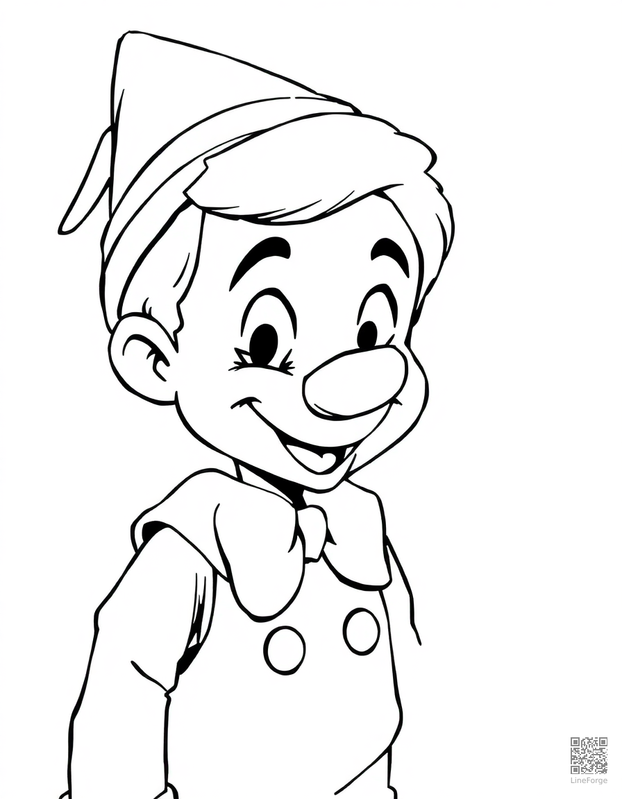 Free pinocchio with his growing nose coloring page in manga style — printable line art