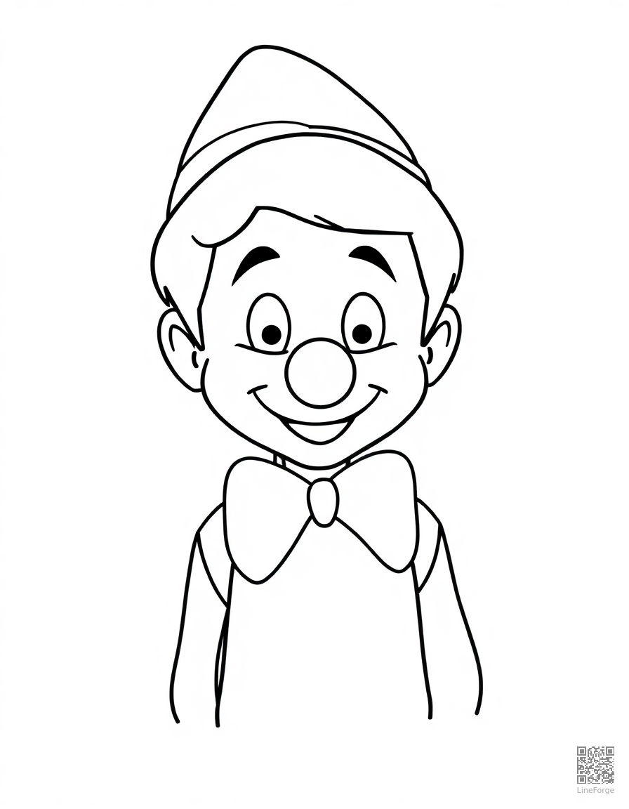 Free pinocchio with his growing nose coloring page in minimal style — printable line art