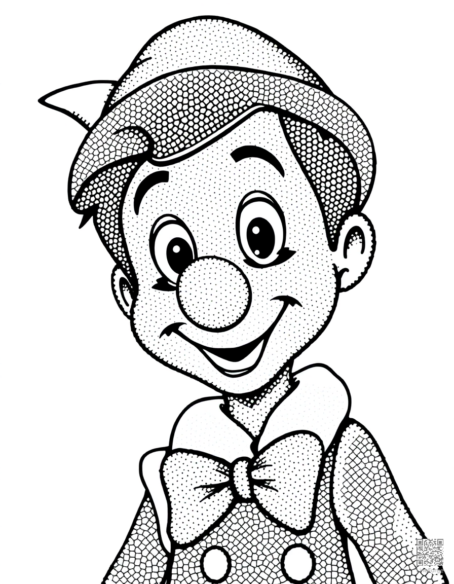 Free pinocchio with his growing nose coloring page in stipple style — printable line art