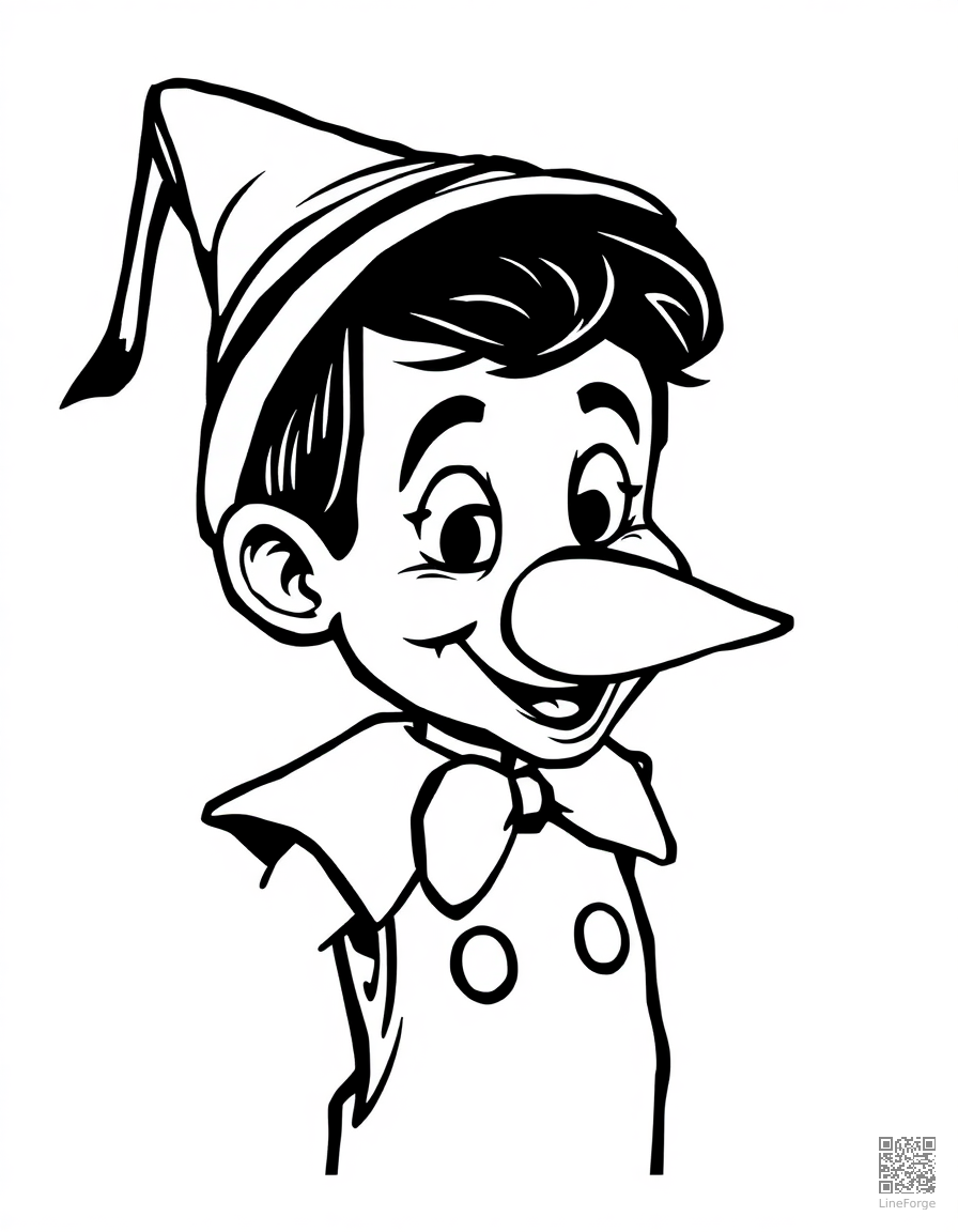 Free pinocchio with his growing nose coloring page in woodcut style — printable line art