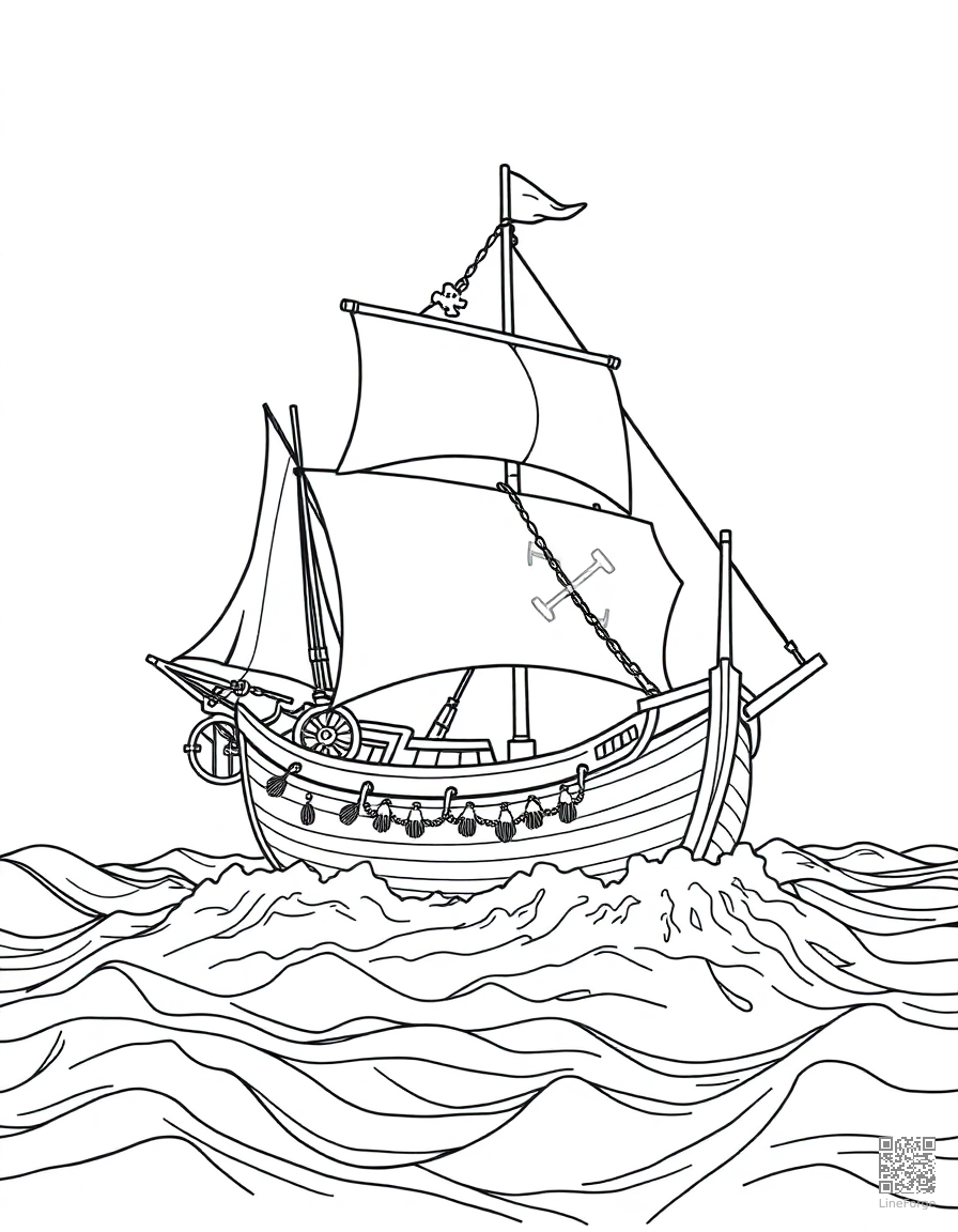 Free pirate ship sailing on rough seas coloring page in contour style — printable line art
