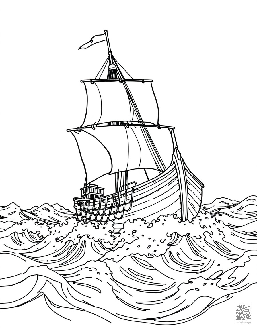 Pirate ship sailing on rough seas coloring page Manga style - free printable