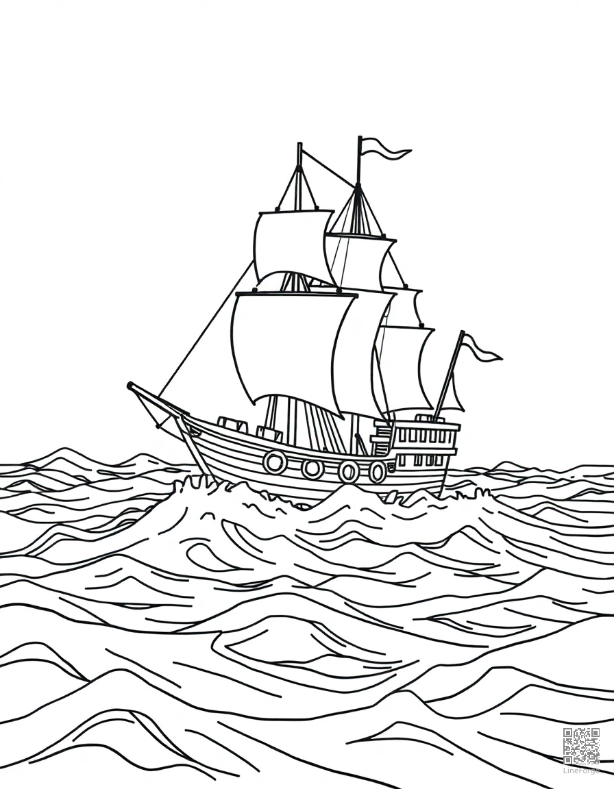 Free pirate ship sailing on rough seas coloring page in minimal style — printable line art
