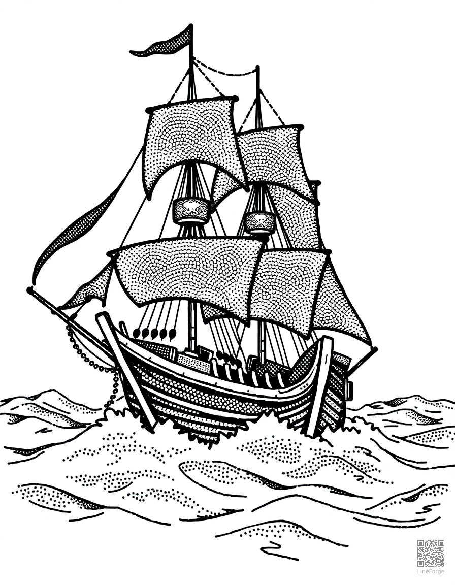 Free pirate ship sailing on rough seas coloring page in stipple style — printable line art