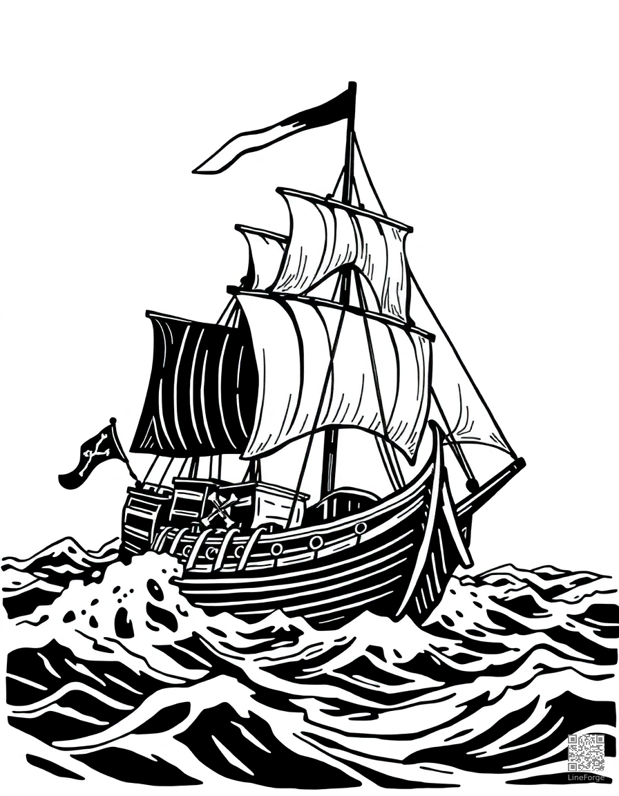 Free pirate ship sailing on rough seas coloring page in woodcut style — printable line art