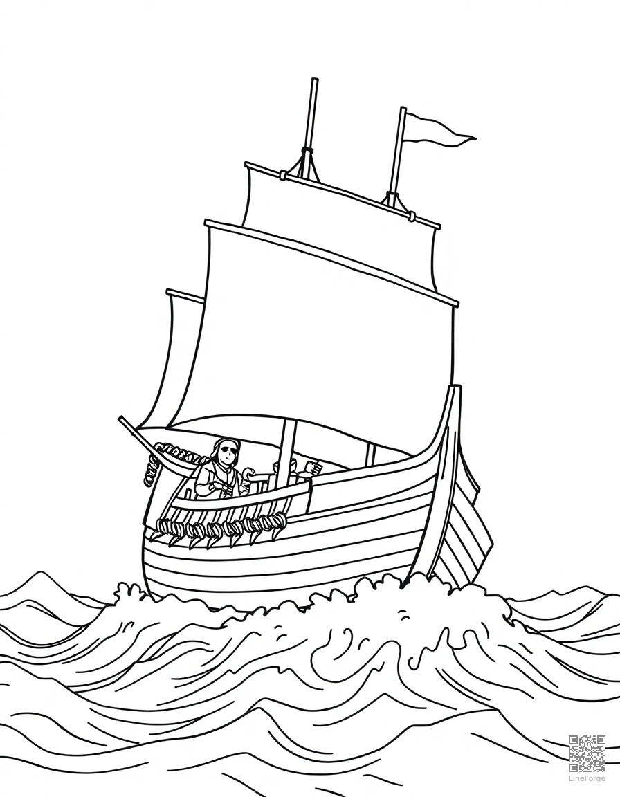 Free pirate ship sailing on stormy seas coloring page in contour style — printable line art
