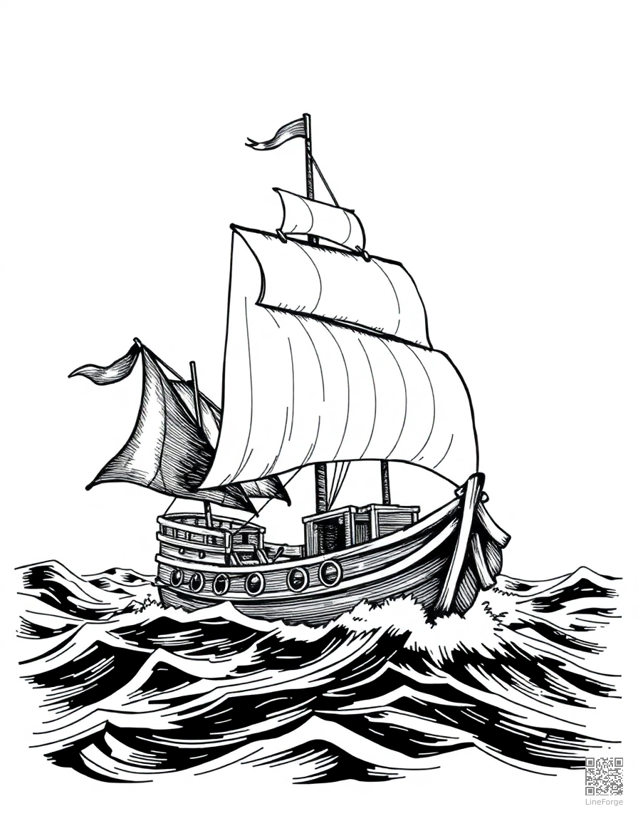 pirate ship sailing on stormy seas coloring page Crosshatch style - free printable