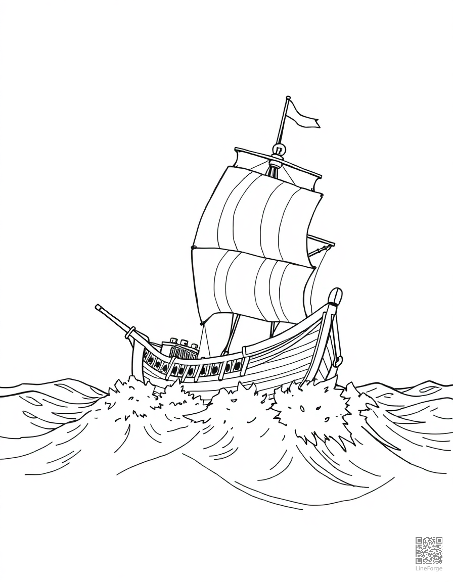 Free pirate ship sailing on stormy seas coloring page in manga style — printable line art