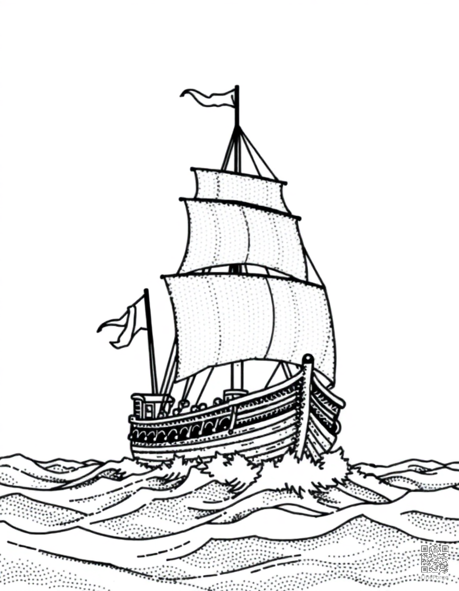 Free pirate ship sailing on stormy seas coloring page in stipple style — printable line art
