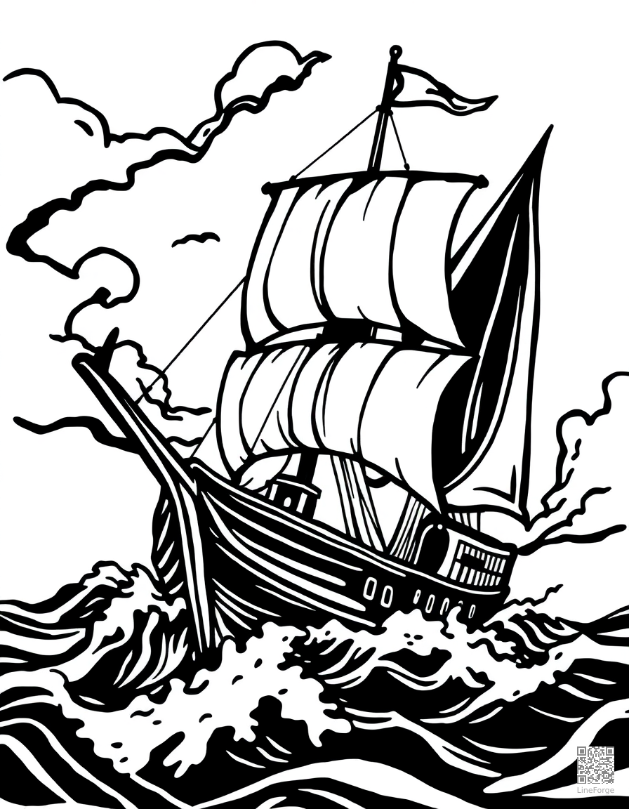 pirate ship sailing on stormy seas coloring page Woodcut style - free printable