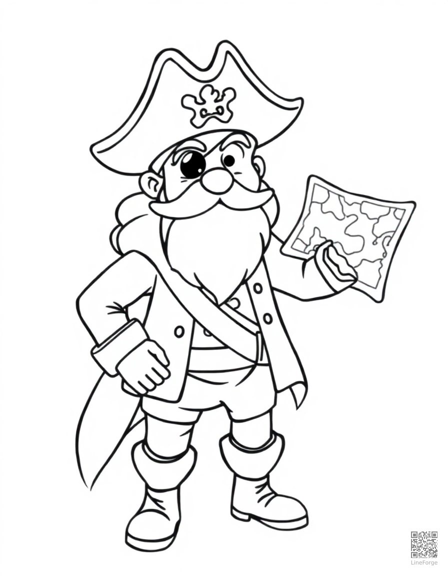 Pirate with a treasure map coloring page Contour style - free printable