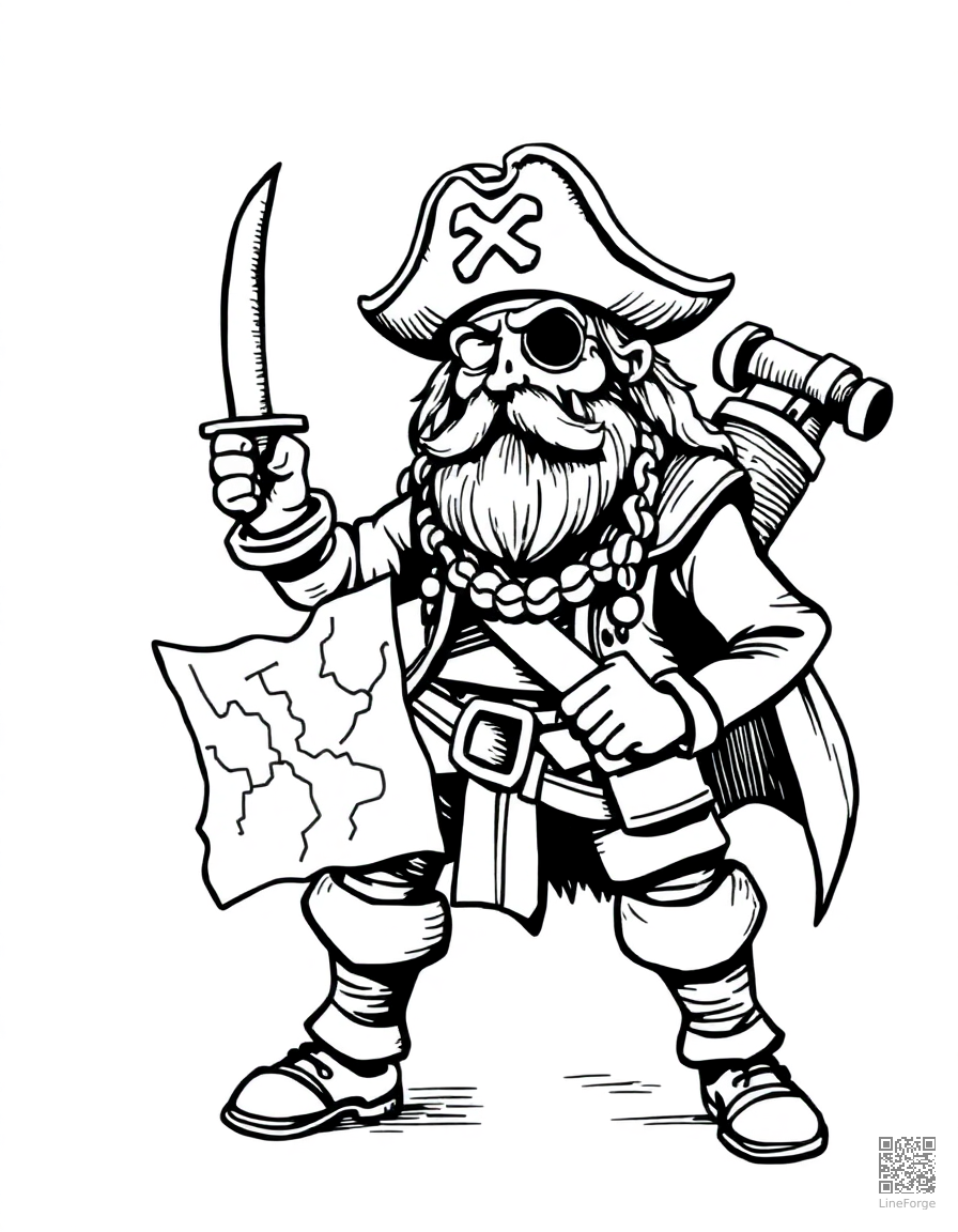 Free pirate with a treasure map coloring page in crosshatch style — printable line art