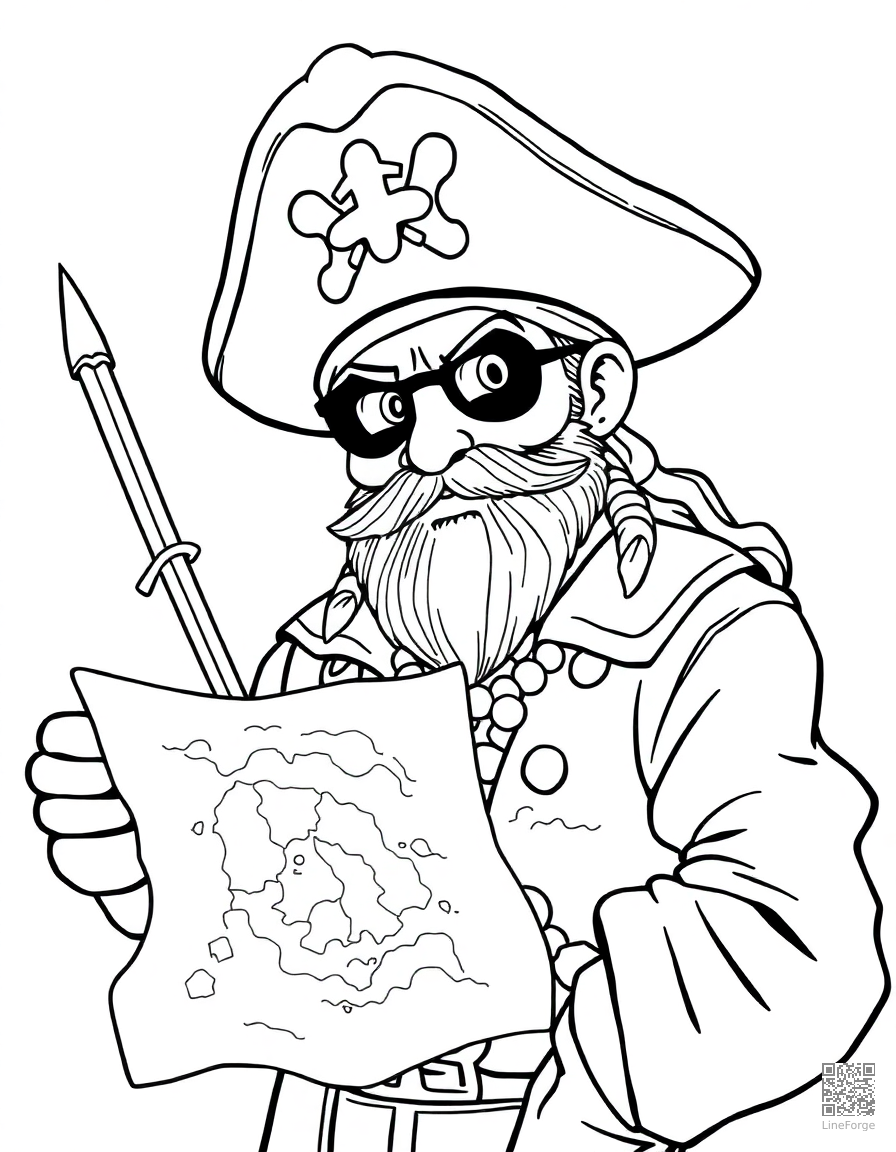 Pirate with a treasure map coloring page Manga style - free printable