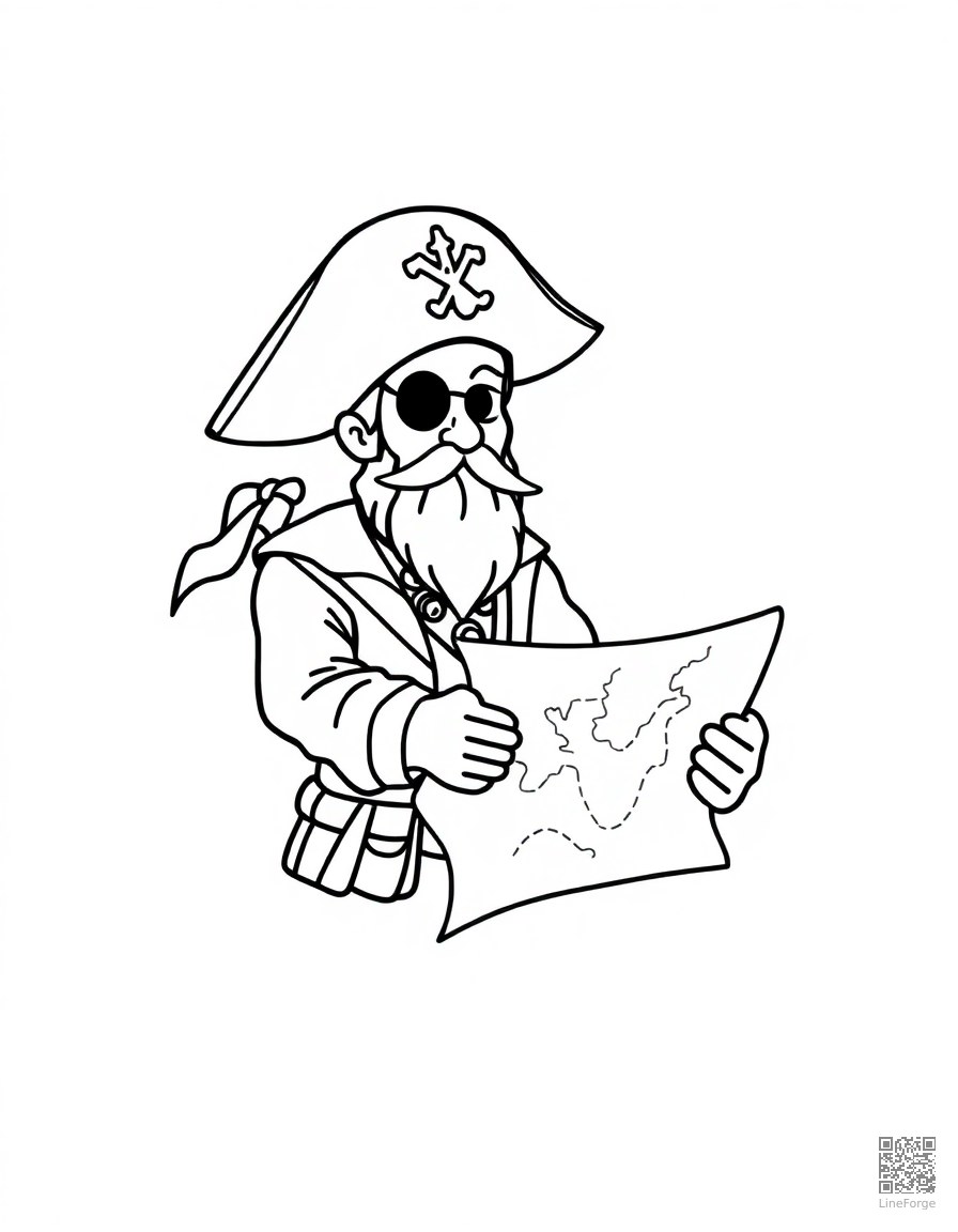 Free pirate with a treasure map coloring page in minimal style — printable line art