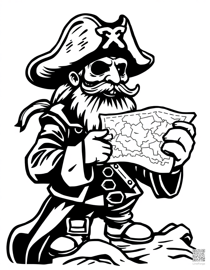 Pirate with a treasure map coloring page Woodcut style - free printable