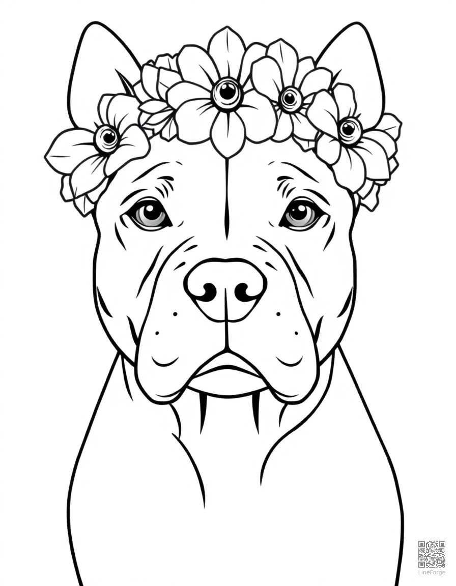 Free pit bull wearing a flower crown coloring page in contour style — printable line art