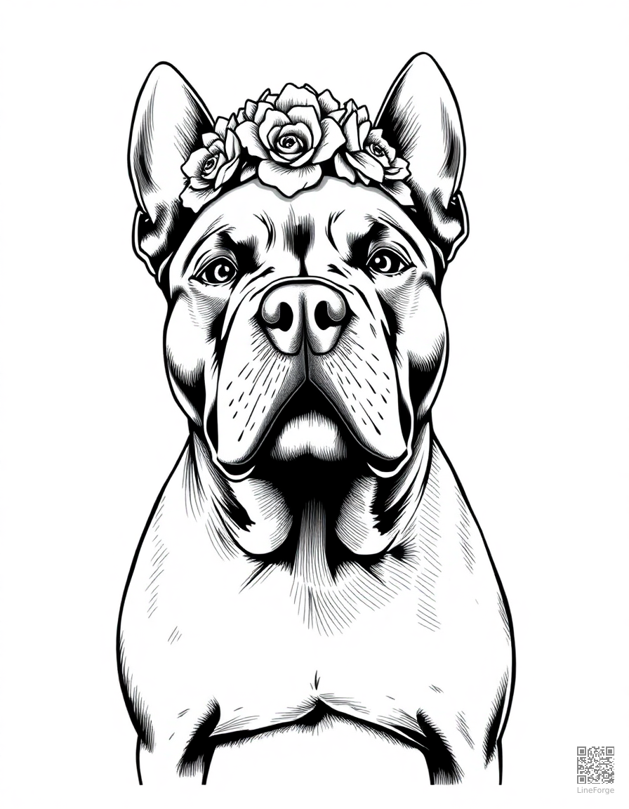 Free pit bull wearing a flower crown coloring page in crosshatch style — printable line art