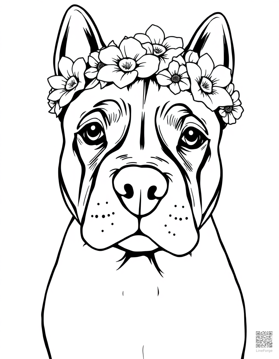 Free pit bull wearing a flower crown coloring page in manga style — printable line art