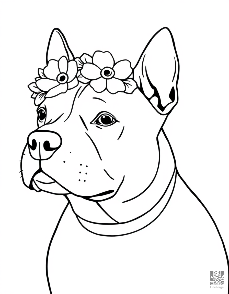 Free pit bull wearing a flower crown coloring page in minimal style — printable line art