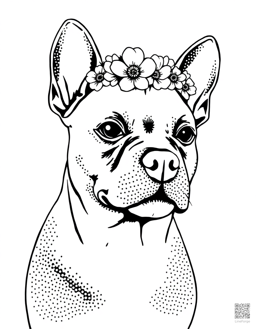 Free pit bull wearing a flower crown coloring page in stipple style — printable line art
