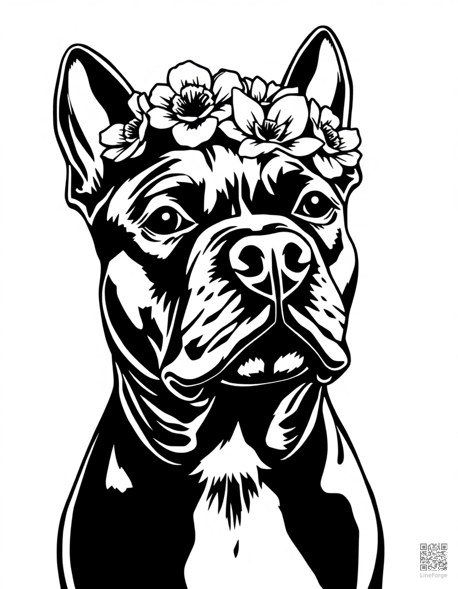 Free pit bull wearing a flower crown coloring page in woodcut style — printable line art