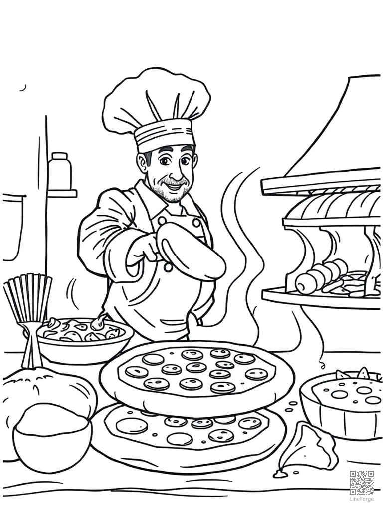 Pizza making scene with chef tossing dough coloring page Contour style - free printable