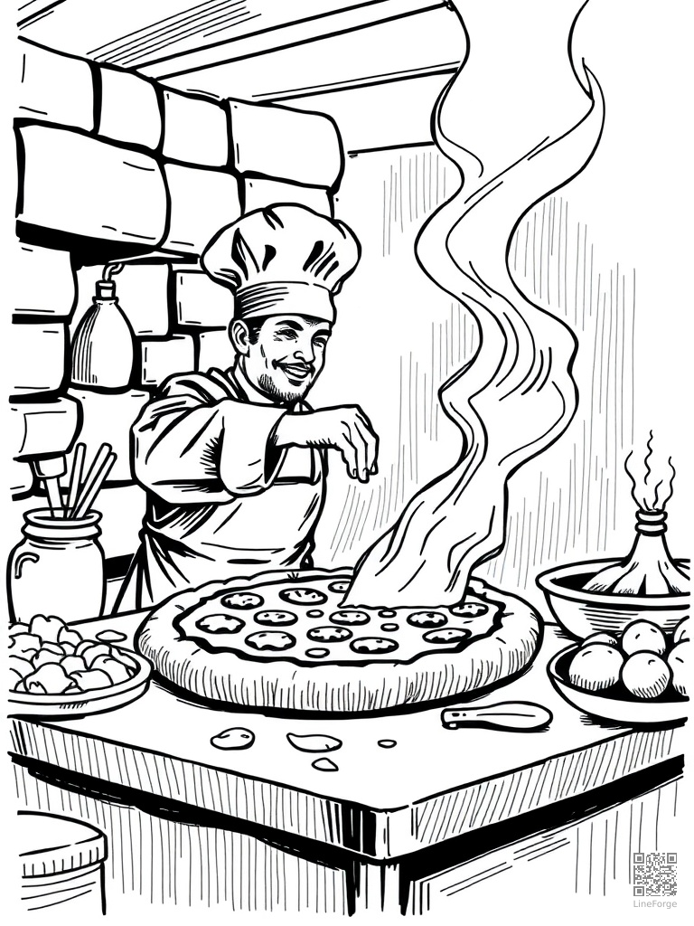 Pizza making scene with chef tossing dough coloring page Crosshatch style - free printable