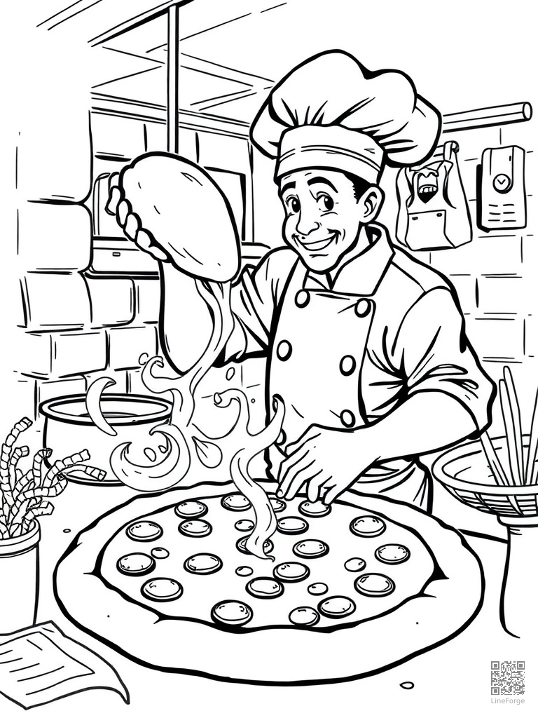 Pizza making scene with chef tossing dough coloring page Manga style - free printable