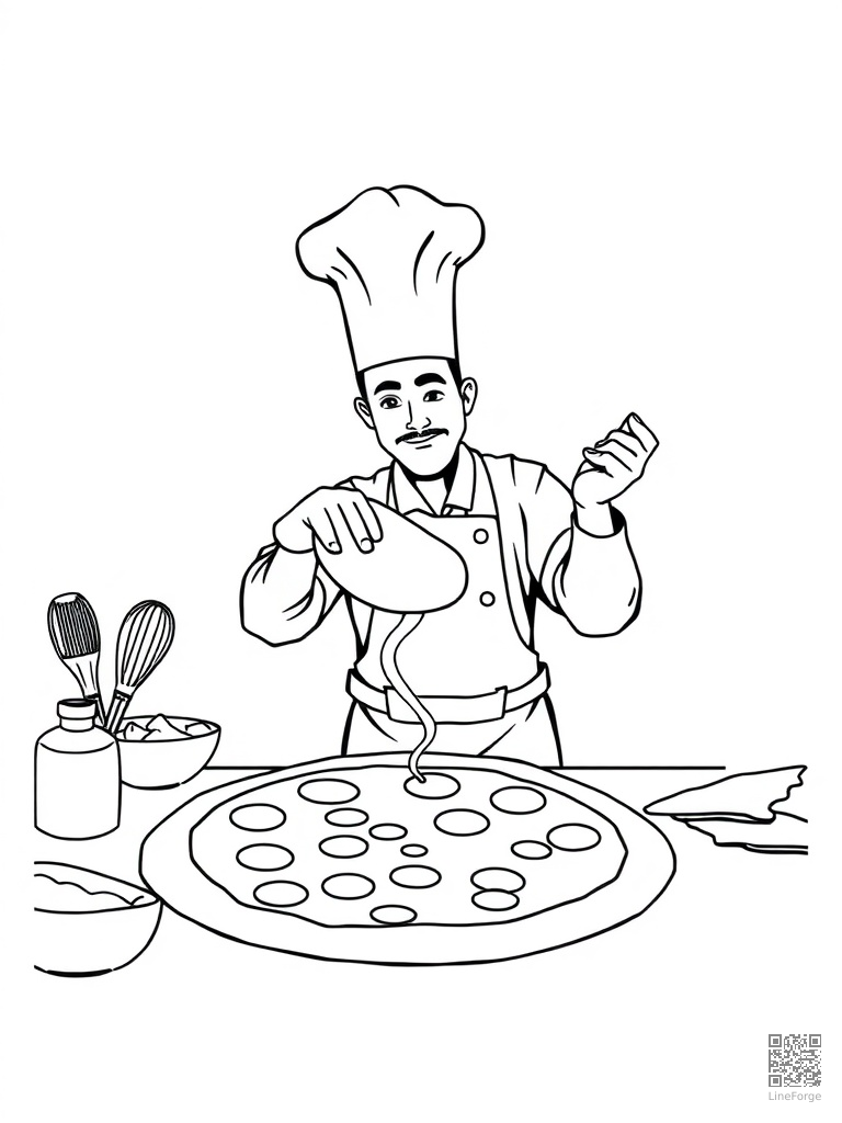 Pizza making scene with chef tossing dough coloring page Minimal style - free printable