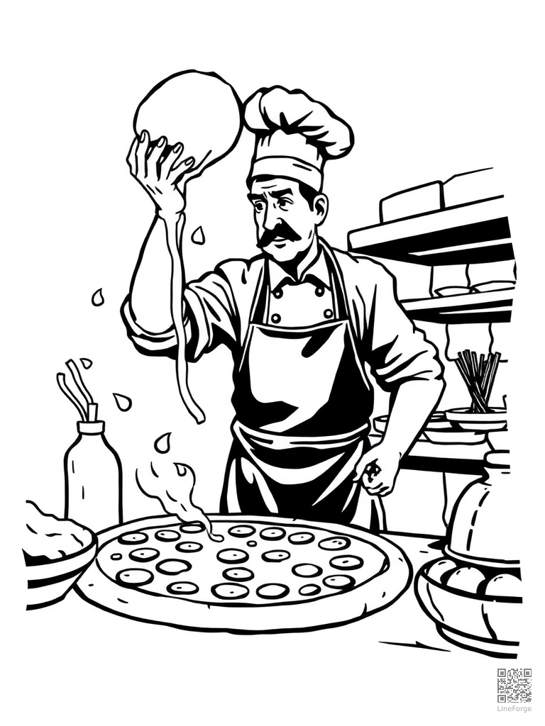 Pizza making scene with chef tossing dough coloring page Woodcut style - free printable