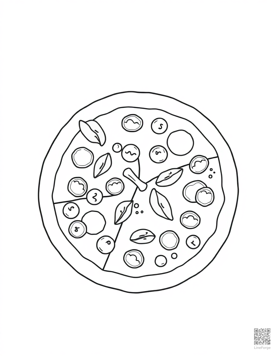 Pizza with all the toppings coloring page Contour style - free printable