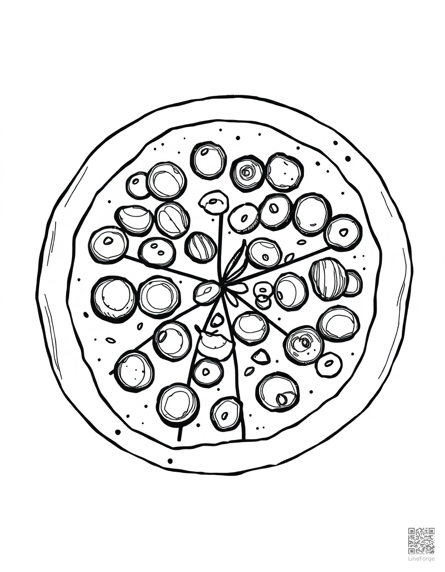 Pizza with all the toppings coloring page Crosshatch style - free printable