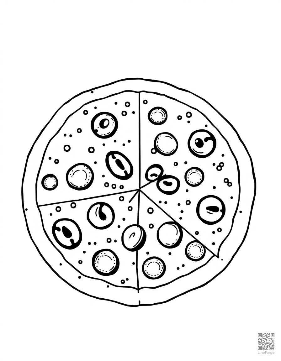 Pizza with all the toppings coloring page Stipple style - free printable